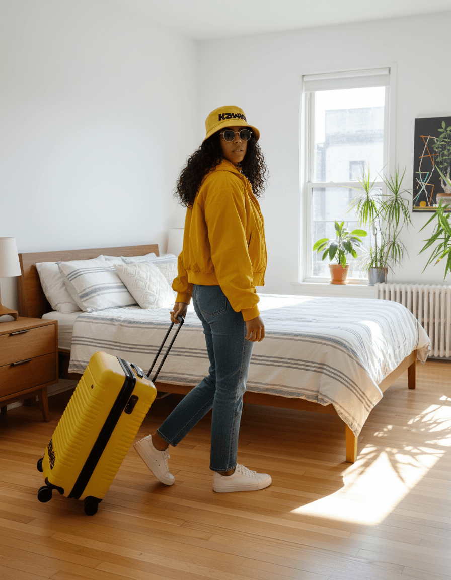 Luxury vacation scene with person on yellow sofa
