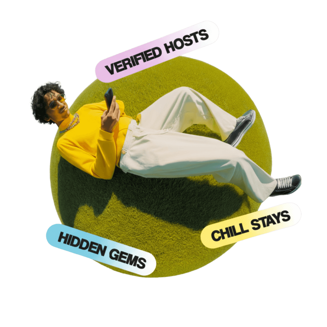Luxury vacation scene with person on yellow sofa