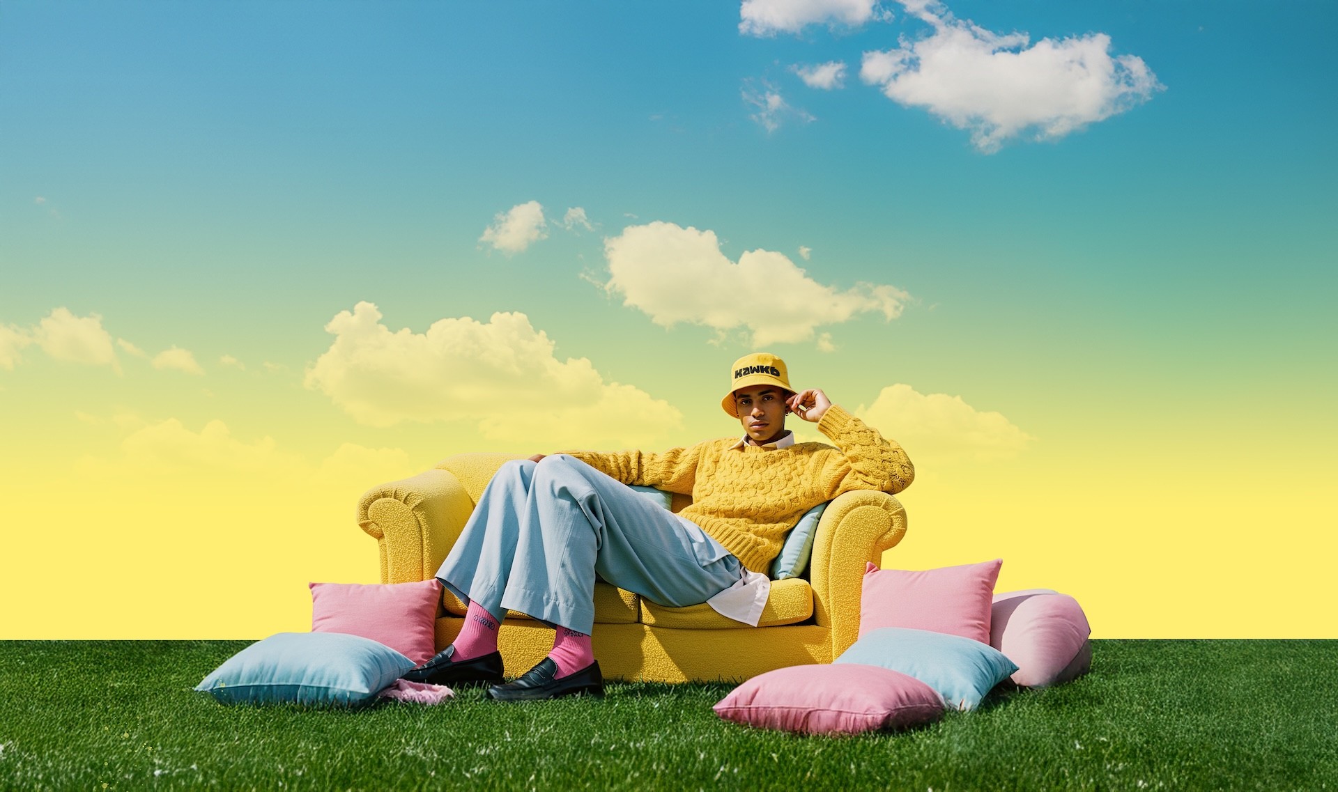 Luxury vacation scene with person on yellow sofa